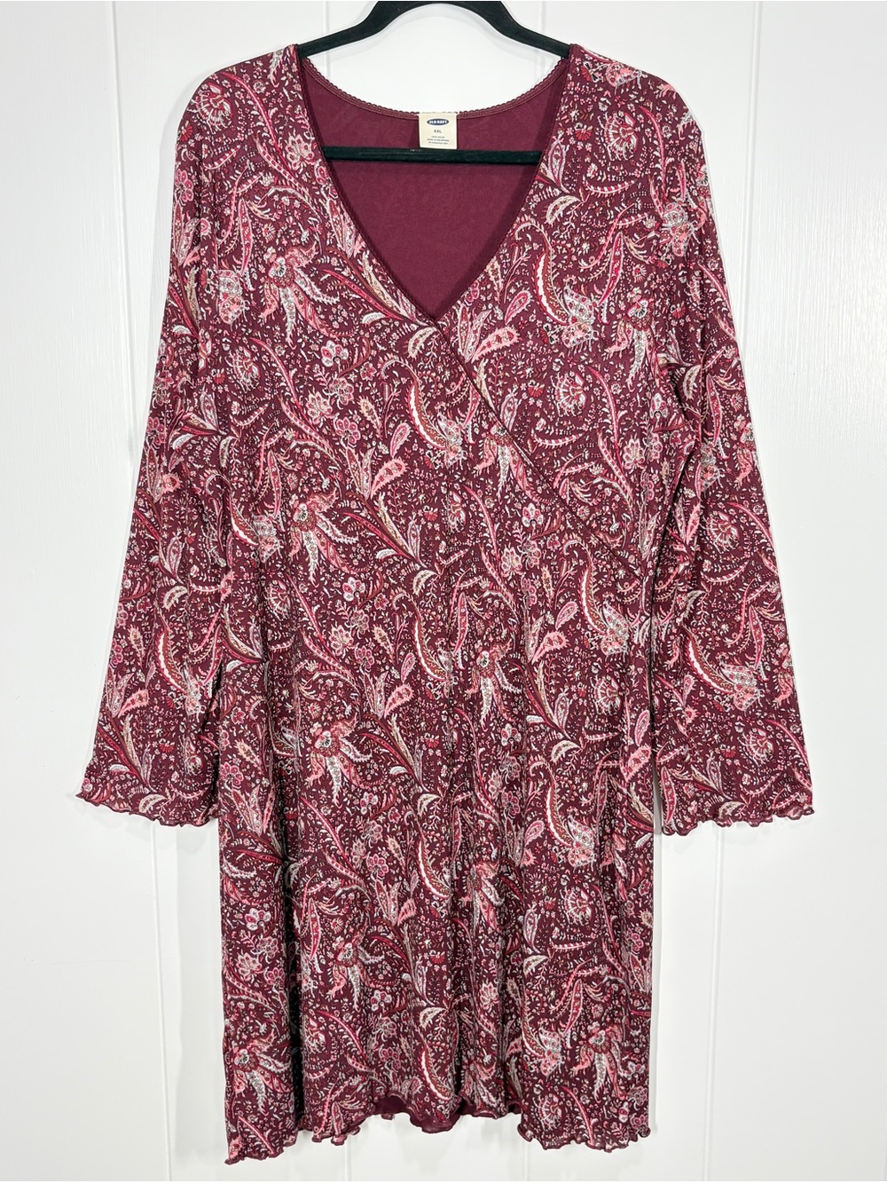 Old Navy Dress 2XL Y2K Grunge Burgundy Floral Paisley Mesh V-Neck Long Sleeve